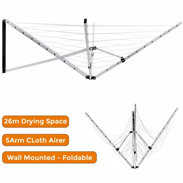 Wall Mounted 5 Arm 26m Clothes Airer Folding Concertina Cloth Dryer Washing Line