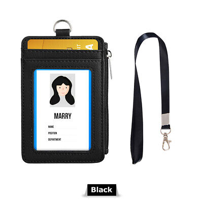 ID Badge Card Holder Synthetic Leather Vertical Clip Neck Strap Lanyard Case