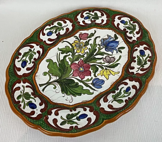 Ancien vintage grand plat  en céramique signé D.Stephano Neufchef décor floral 2