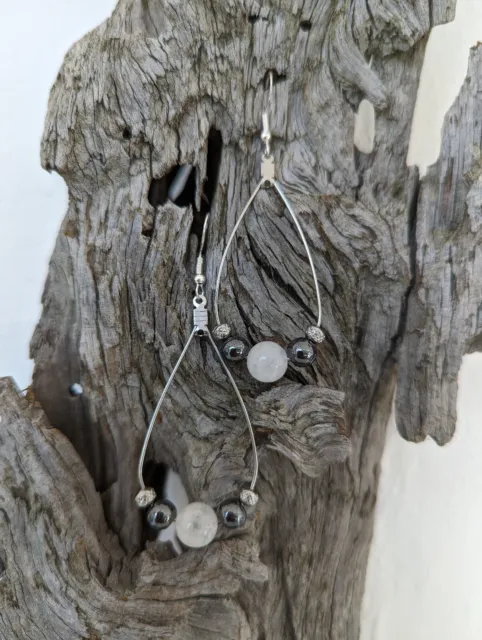 Boucles d'oreilles Fantaisie Goutte, Quartz, Hématite Et Acier 6,5 Cm