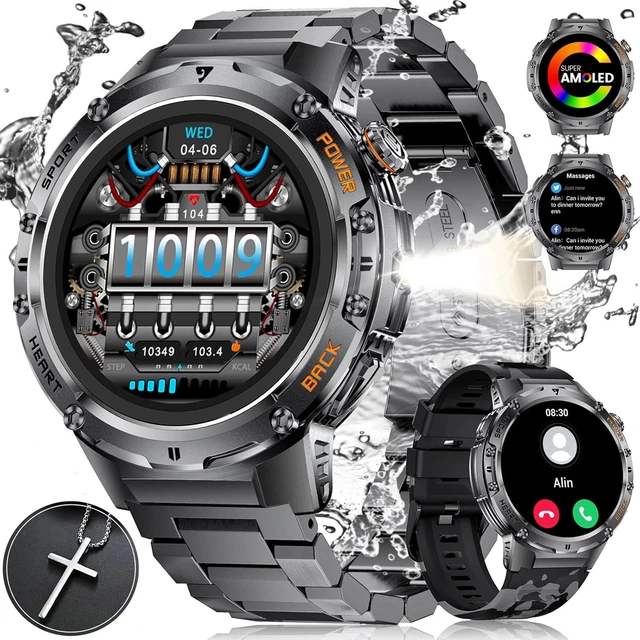 Orologio GPS ESFOE Per Uomo, Modello Militare Con Torcia LED, Display AMOLED 1,43", Fitness Tracker Con Bussola, Barometro, 170+ Sport, Frequenza Cardiaca, SpO2, Sonno E Chiamate Bluetooth Per Android
