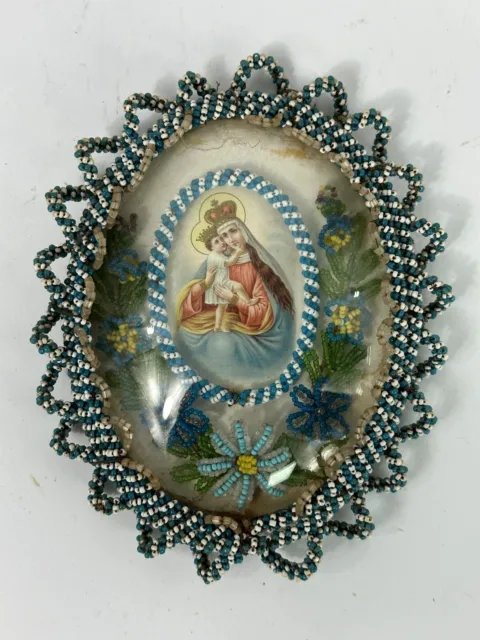 Antike Klosterarbeit Perlenstickerei Andachtsbild Heiligenbild Maria mit Kind