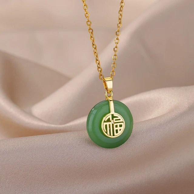 Boho Lucky Jade Pendant, 18K Gold Fortune Jade Necklace, Oriental Stone Pendant