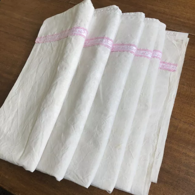 Unused XL Vintage French Linen Metis Sheet Pretty Pink Lace Trim Border 130x82in