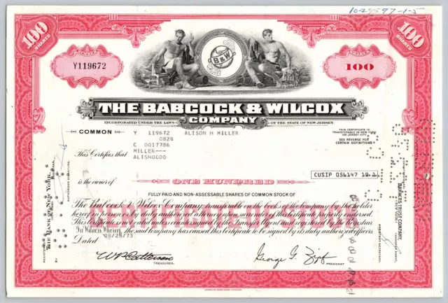 1973 Babcock Wilcox Company 100 Shares Stock Certificate Providence Rhode Island
