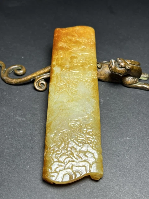 Chinese Exquisite Handmade Flowers and Bird carving Hetian Jade Brush rest 3
