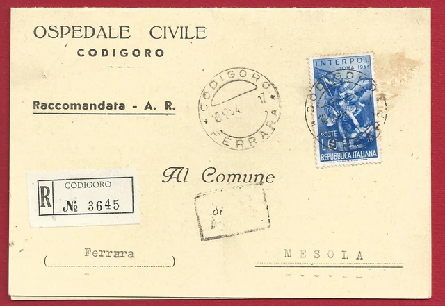 1954 Interpol n° 745 sur lettre recommandée pour Mesola (Ferrare)