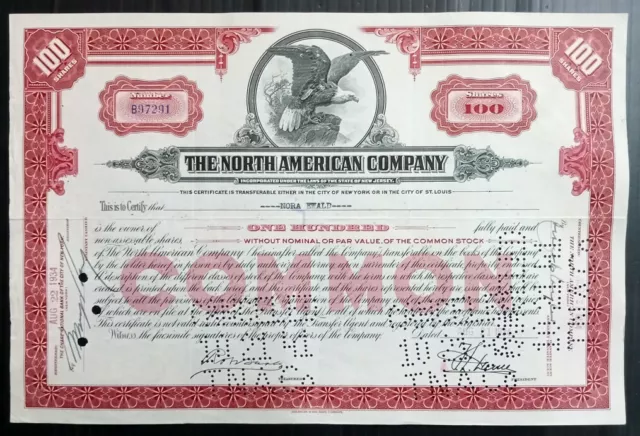 AOP USA 1934 The North American Co.100 shares certificate