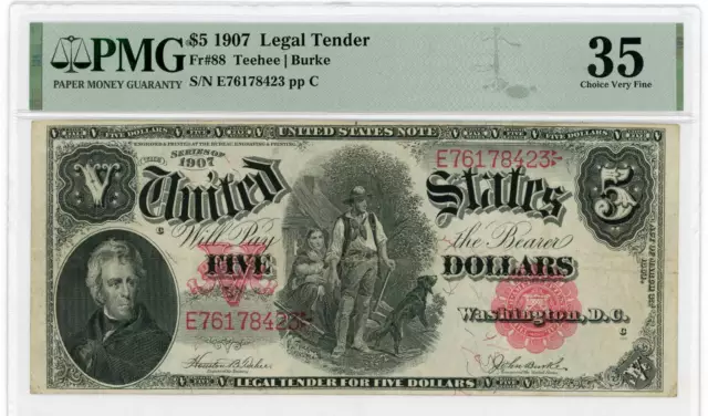 NobleSpirit No Reserve US 88 1907 $5 Small Red Scalloped Legal Tender PMG 35
