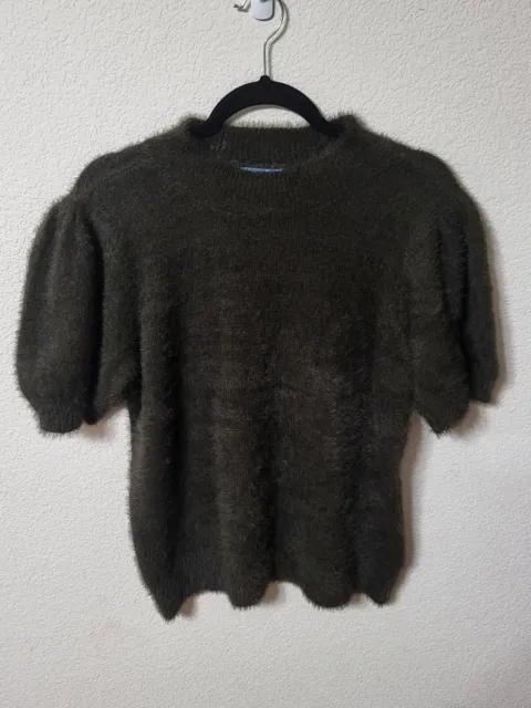 CeCe Blouse Womens Large Deep Green Gray Fuzzy High Neck Short Sleeve Top