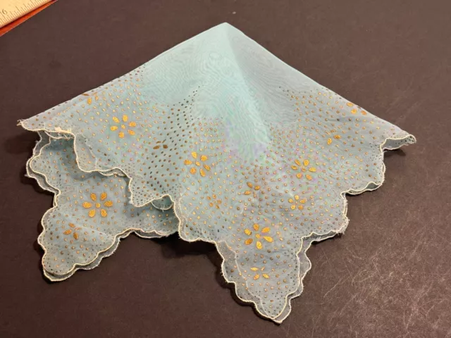 Vintage Chiffon Handkerchief Gold Floral Blue Sheer Scalloped Edge Hankie