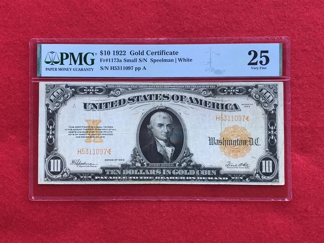 FR-1173a 1922 Series $10 Ten Dollar Gold Certificate "Small Letter" *PMG 25 VF*