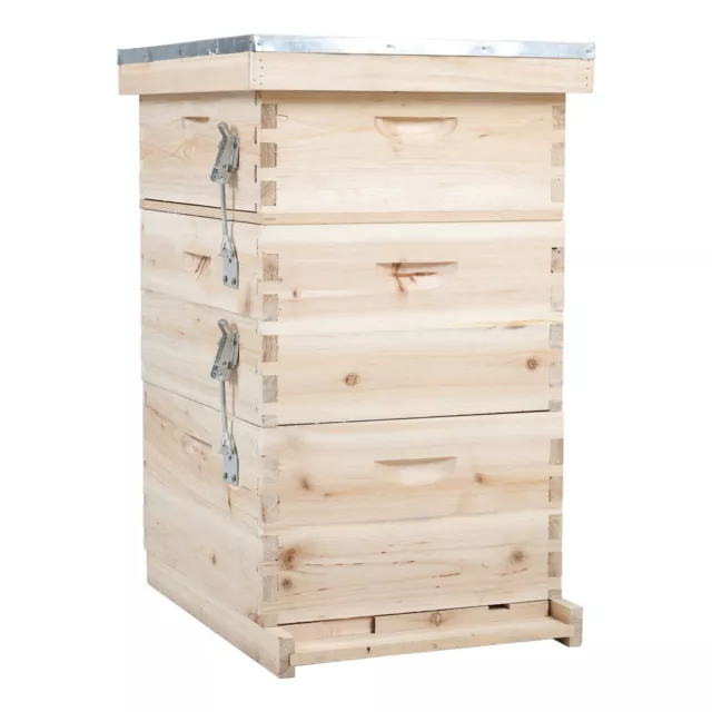 3 Tiers Langstroth Beehive Box Wooden Hive Frames Beekeeping Honey Brood Box UK