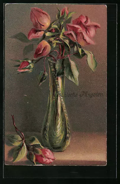 Präge-AK Rosenstrauß mit Knospen in grüner Vase, Pfingsten 1916