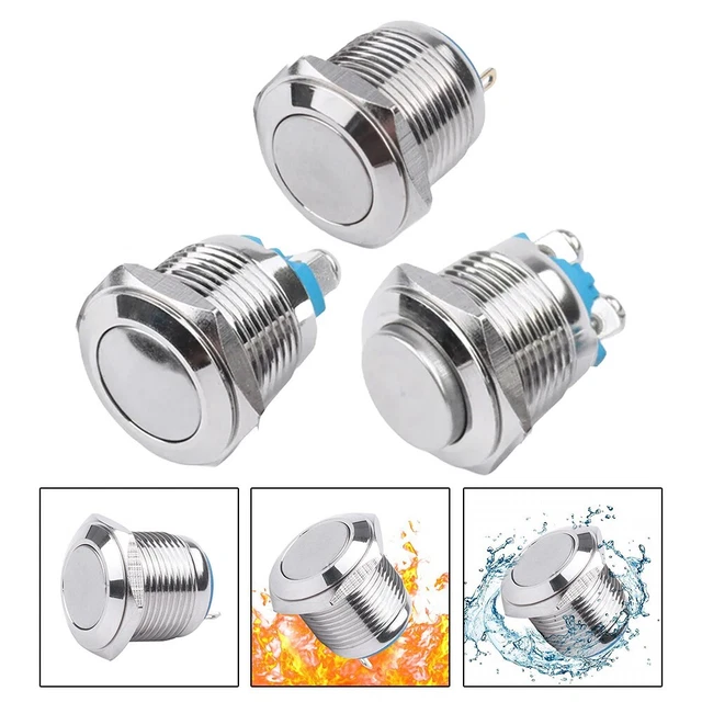 Lot 2 Boutons-Poussoirs Auto-Bloquants 19 Mm IP67 LED Blanc – Acier Inox Étanché 12V/24V 5A Avec Câblage Prêt