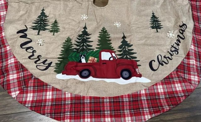 Christmas Tree Skirt Burlap with Red &White Plaid Edge, Dog & Truck 48in NEW