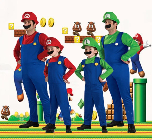 Mens 2PCs Super Mario Luigi and Mario Plumber Fancy Dress Costume