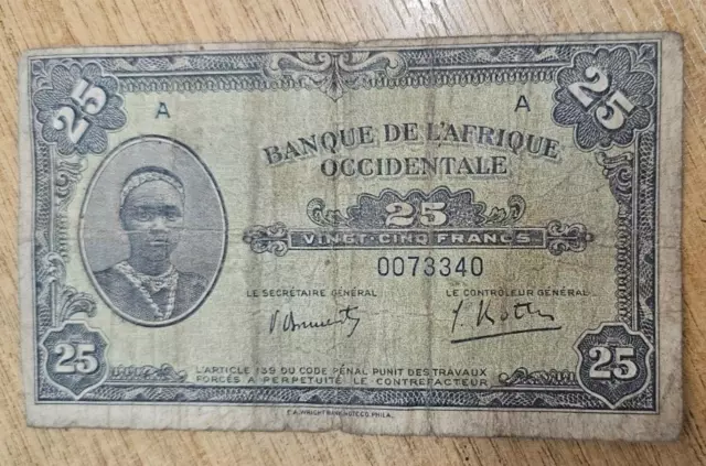 1942 French West Africa 25 Francs Banknote