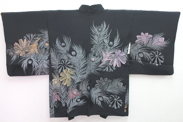 8441E3 Silk Vintage Japanese Kimono Haori Jacket Peacock feather Chrysanthemum