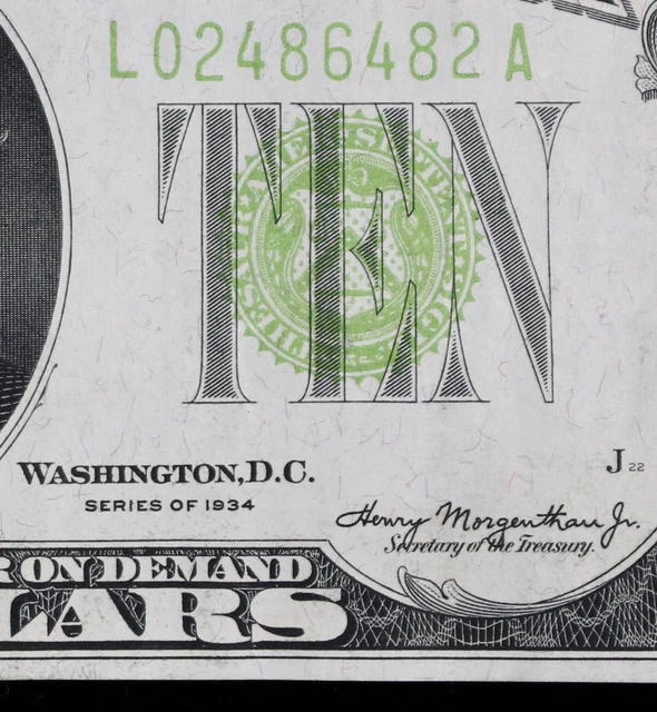 $10 1934 light green seal Federal Reserve Note L02486482A San Francisco L12 ten$