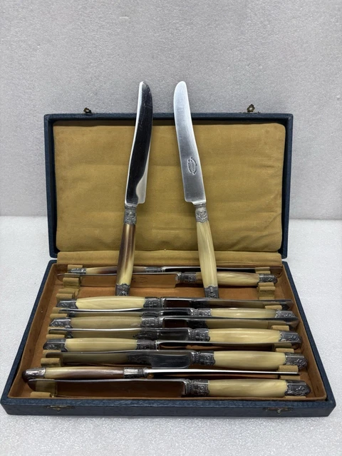 Coffret de 12 couteaux anciens en acier inoxydable et manche en corne d'animal G. JULIEN maître coutelier Paris - Label Emmaüs