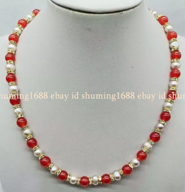 Schöne 8mm Red Jade Edelstein & 7-8mm Lila kultiviert Perle Halskette 18"