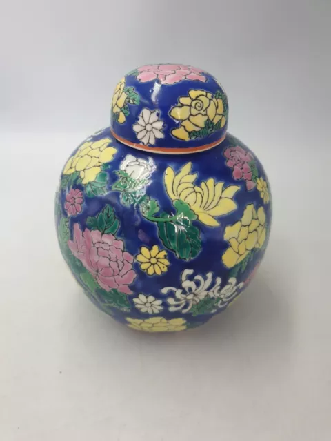 Chinese Porcelain Lidded Ginger Jar Pot Hand Painted Multi Floral On Cobalt Blue