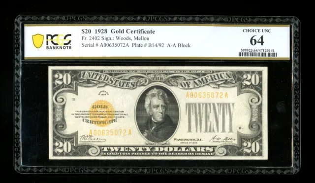 DBR 1928 $20 Gold Certificate Fr. 2402 PCGS-B 64 Serial A00635072A