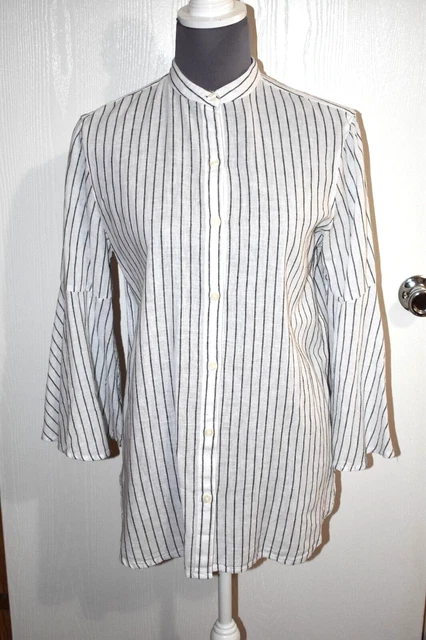Chaps Women's Button Down Shirt White Black Stripe Bell Sleeve Linen Blend Small