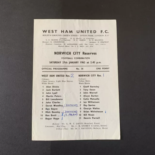 1961-62 West Ham United V Norwich City Reserves