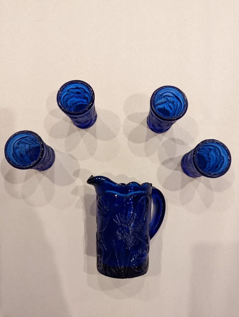 Vintage Cobalt Blue Glass Peacock Child Mini Pitcher and Tumbler 5 Piece Set