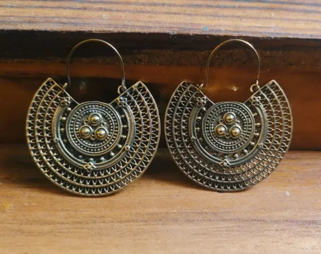 Large Gold Plated Mandala Moroccan Ethnic Boho Tribal Brass Hoops Earrings B37