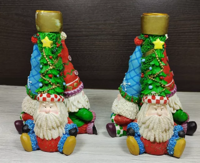 Christmas Santa 3 Sided Matching and Different All Sides Candle Holders Set Of 2