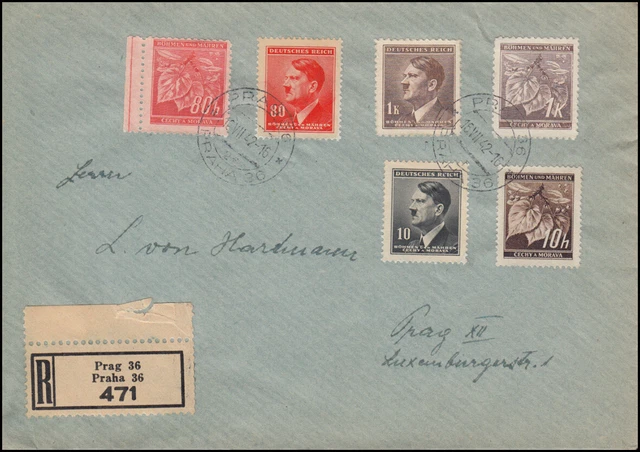 Böhmen und Mähren: 89+94+95 mit Zusatzfr. Lindenzweig R-Bf. PRAG 16.7.42