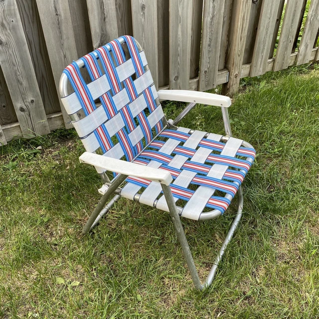 VINTAGE ALUMINUM FOLDING Lawn Chair Arm Rest Beach Nylon Webbing Red