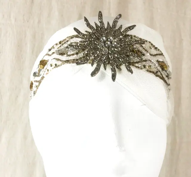 Vintage Style Bride White Tulle Headband Diamante Silver Star Wedding Flapper