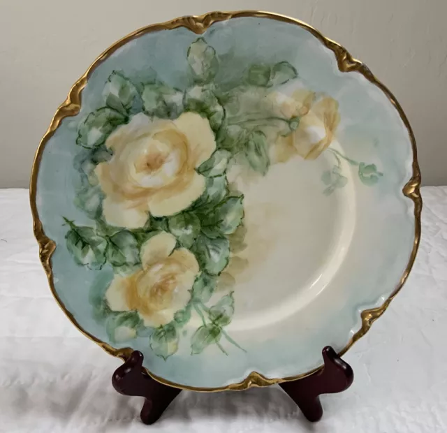 Vintage Hand Painted Plate, Flowers, Leaves, Yellow, Green, Bavaria Germany