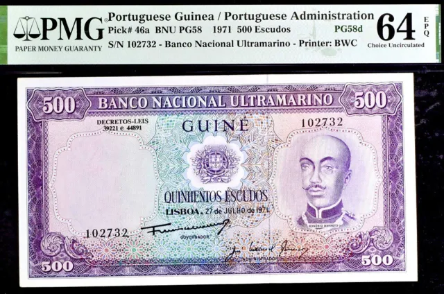 Portuguese Guinea 500 Escudos Pick# 46a PMG 64 EPQ Uncirculated Banknote