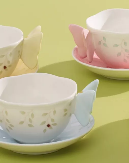 Lenox Butterfly Meadow Porcelain Teacup & Saucer Pink Blue Yellow Gift for Mom