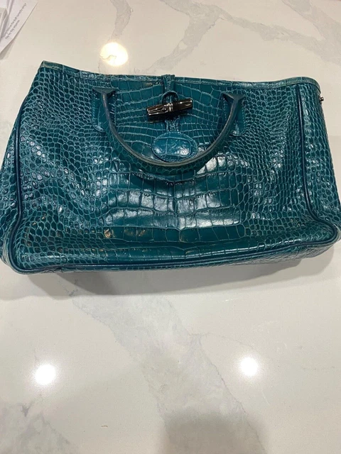 NWOT LONGCHAMP CROC EMBOSSED ROSEAU Hobo Shopper Leather Tote Bag Duck Blue