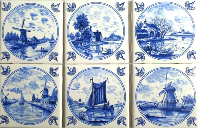 Delft Design Ceramic Tiles Blue Set of 6 /4.25" Wind Mill Ships Dutch #1