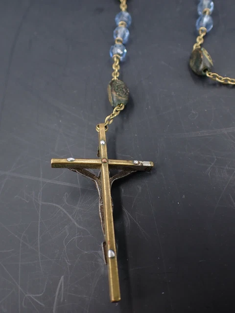 Antique Blue Glass Rosary with Brass Crucifix and Sacred Heart and Saint Beads 3