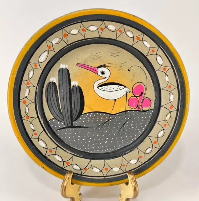 Tlaquepaque Tonala Mexico Hand Painted Plate Folk Pottery Egret Bird Wall Art