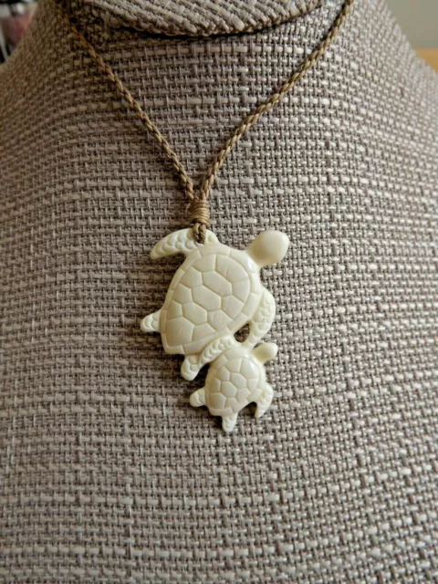 Hawaiian Buffalo Bone Turtle Pendant Necklace Choker - Hand Carved Mother Turtle 2