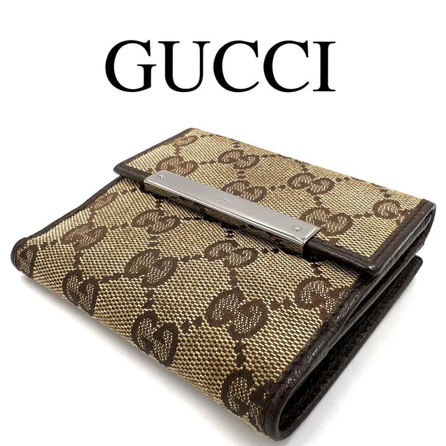 GUCCI folding wallet GG canvas logo plate W hook leather from Japan