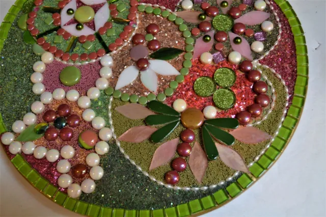 LAZY SUSAN Turntable Tray Glass MOSAIC Tile 12” Dragonfly Floral dsn Pink Green