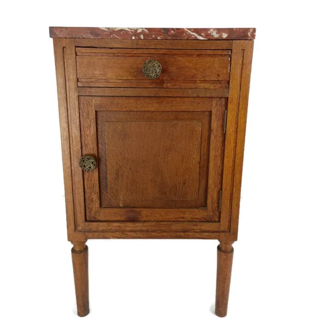 Antique Art Deco Art Nouveau Brown Marble top Side Cabinet Wood Table Nightstand
