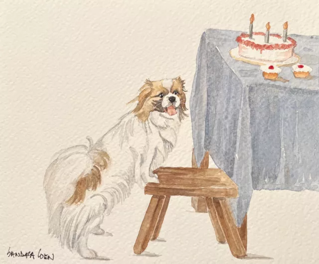 Tibetan Spaniel Original Watercolor by British Artist Sandra Coen at a Party