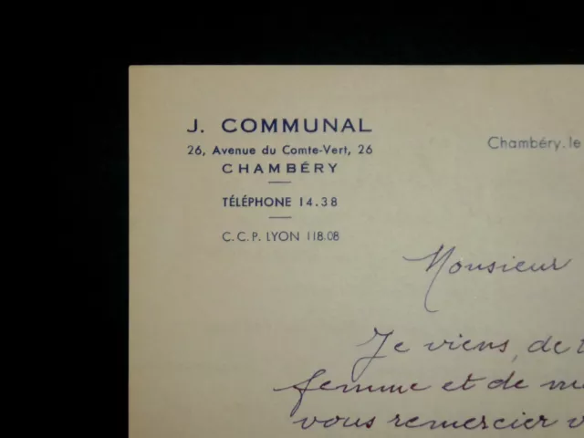 COMMUNAL Joseph - LETTRE AUTOGRAPHE SIGNÉE À L’ABBÉ MOREL, CHAMBERY, 1952 2