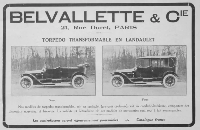 Publicité De Presse 1914 Voitures Belvallette Torpedo En Landaulet Ouvert.